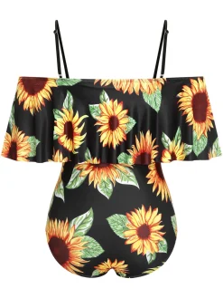 Online Retro Stage [Plus Size] 1940s Sunflower Cold-Shoulder Swimsuit Black