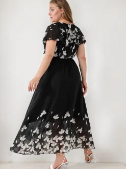 Clearance Retro Stage [Plus Size] 1950s V-Neck Butterflies Patchwork Dress Black