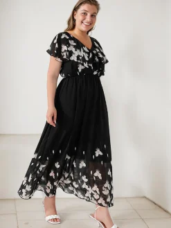 Clearance Retro Stage [Plus Size] 1950s V-Neck Butterflies Patchwork Dress Black