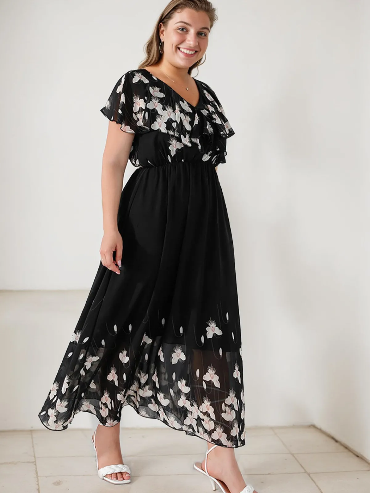 Clearance Retro Stage [Plus Size] 1950s V-Neck Butterflies Patchwork Dress Black