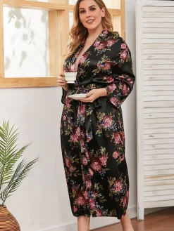 Sale Retro Stage [Plus Size] 1930s V-Neck Floral Pajama Jacket Black