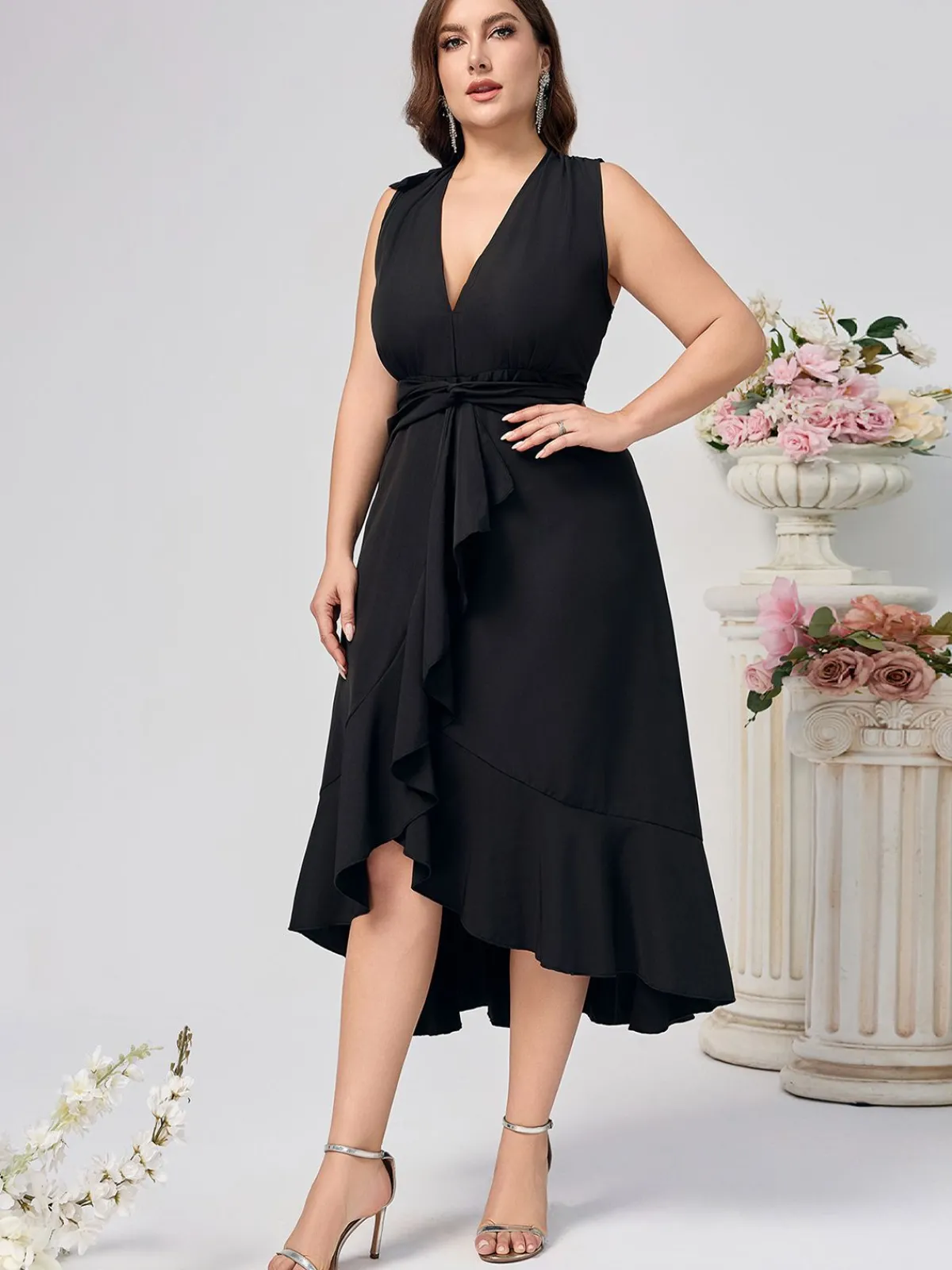 Online Retro Stage [Plus Size] 1950s V-Neck Ruffles Dress Black