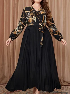 New Retro Stage [Plus Size] 1950s V-Neck Tie Pleated Dress Black