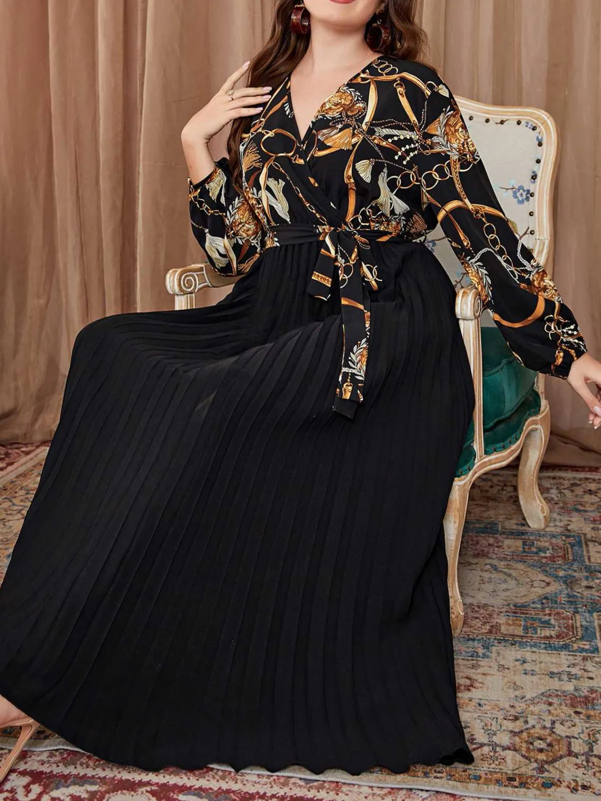 New Retro Stage [Plus Size] 1950s V-Neck Tie Pleated Dress Black