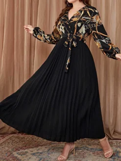 New Retro Stage [Plus Size] 1950s V-Neck Tie Pleated Dress Black