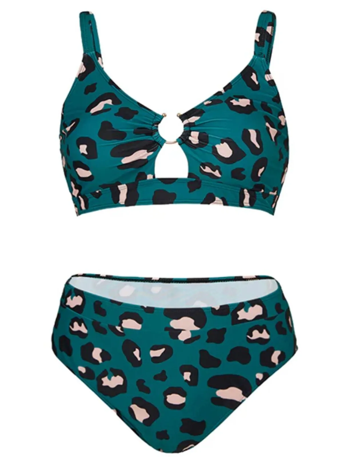 Outlet Retro Stage [Plus Size] 1960s Leopard Suspender Swimsuit Blue Green