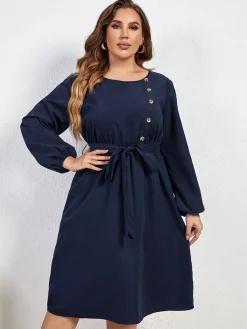 Hot Retro Stage [Plus Size] 1950s High-Waist Lantern Sleeve Belted Dress Blue