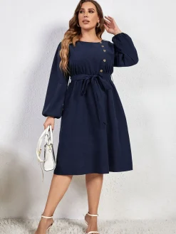 Hot Retro Stage [Plus Size] 1950s High-Waist Lantern Sleeve Belted Dress Blue