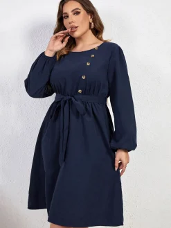 Hot Retro Stage [Plus Size] 1950s High-Waist Lantern Sleeve Belted Dress Blue