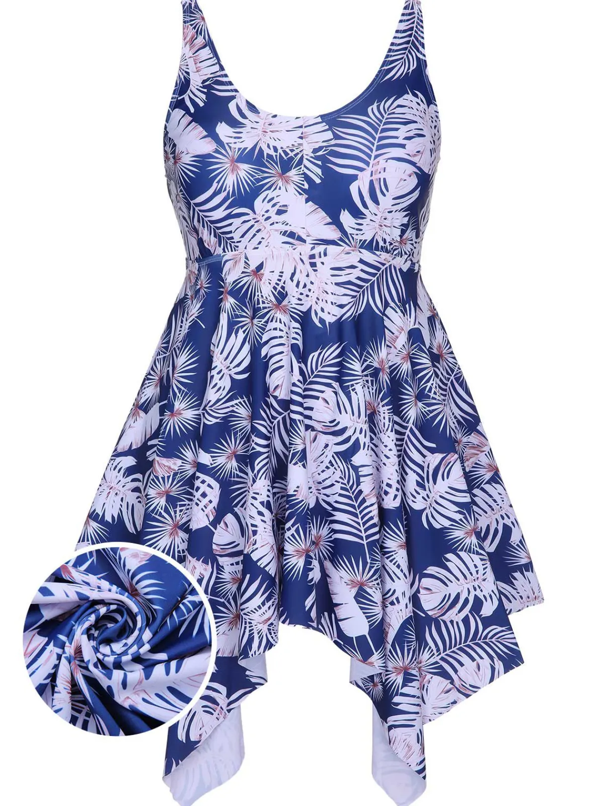 Online Retro Stage [Plus Size] 1950s Leaves Spaghetti Strap Swimsuit Blue
