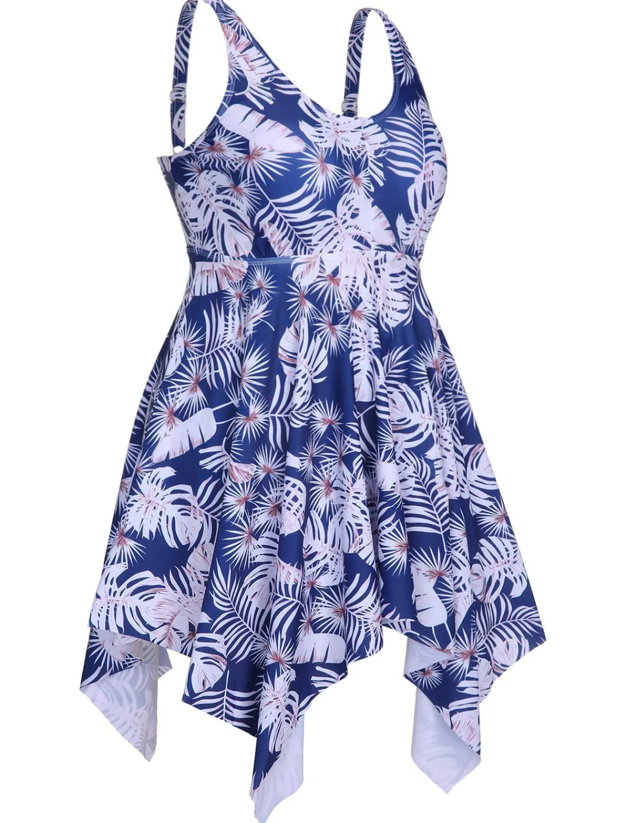 Online Retro Stage [Plus Size] 1950s Leaves Spaghetti Strap Swimsuit Blue