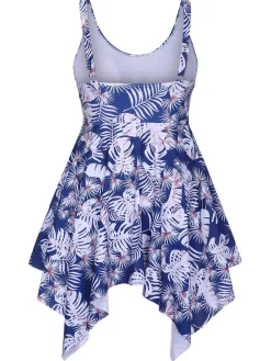 Online Retro Stage [Plus Size] 1950s Leaves Spaghetti Strap Swimsuit Blue