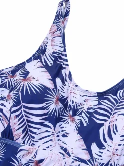Online Retro Stage [Plus Size] 1950s Leaves Spaghetti Strap Swimsuit Blue