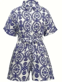 Hot Retro Stage [Plus Size] 1940s Porcelain Print Lapel Romper Blue