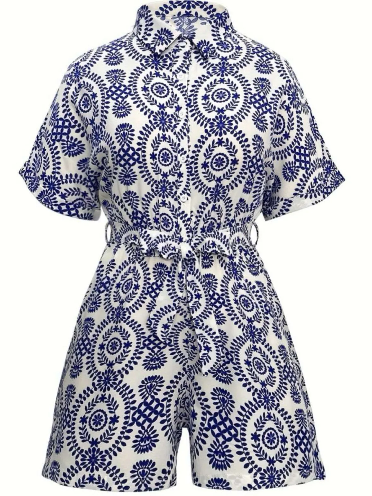 Hot Retro Stage [Plus Size] 1940s Porcelain Print Lapel Romper Blue