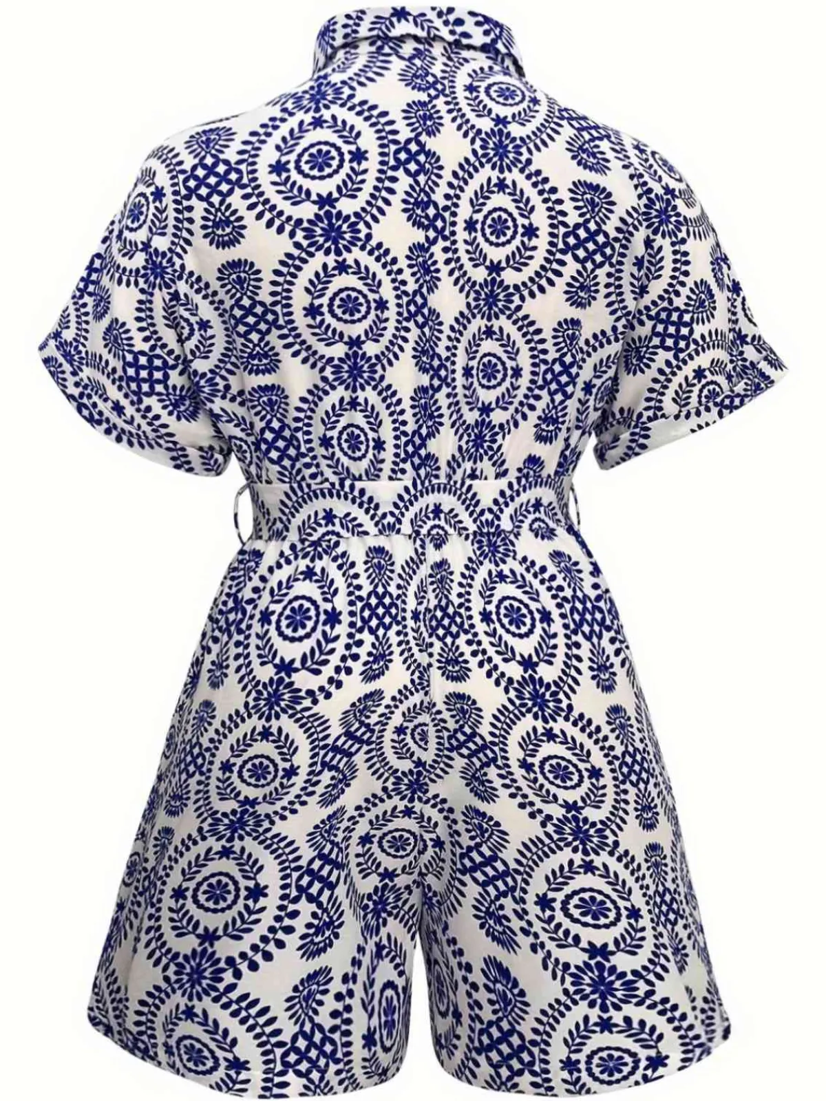 Hot Retro Stage [Plus Size] 1940s Porcelain Print Lapel Romper Blue