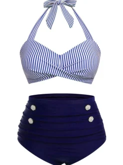 Best Retro Stage [Plus Size] 1940s Striped Halter Bowknot Bikini Set Blue
