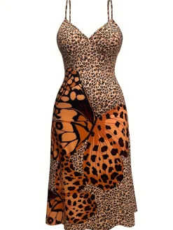 Online Retro Stage [Plus Size] 1940s Butterfly Leopard Nightdress Brown