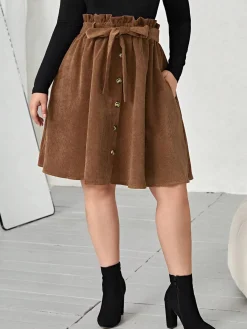 Fashion Retro Stage [Plus Size] 1950s Corduroy Buttoned Skirt With Belt Brown