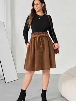 Fashion Retro Stage [Plus Size] 1950s Corduroy Buttoned Skirt With Belt Brown