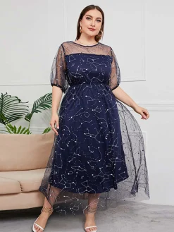 Sale Retro Stage [Plus Size] 1930s Constellation Mesh Dress Dark Blue