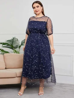 Sale Retro Stage [Plus Size] 1930s Constellation Mesh Dress Dark Blue