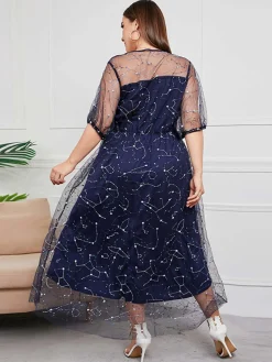Sale Retro Stage [Plus Size] 1930s Constellation Mesh Dress Dark Blue