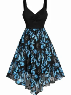 New Retro Stage [Plus Size] 1950s Feather Jacquard Asymmetric Dress Dark Blue