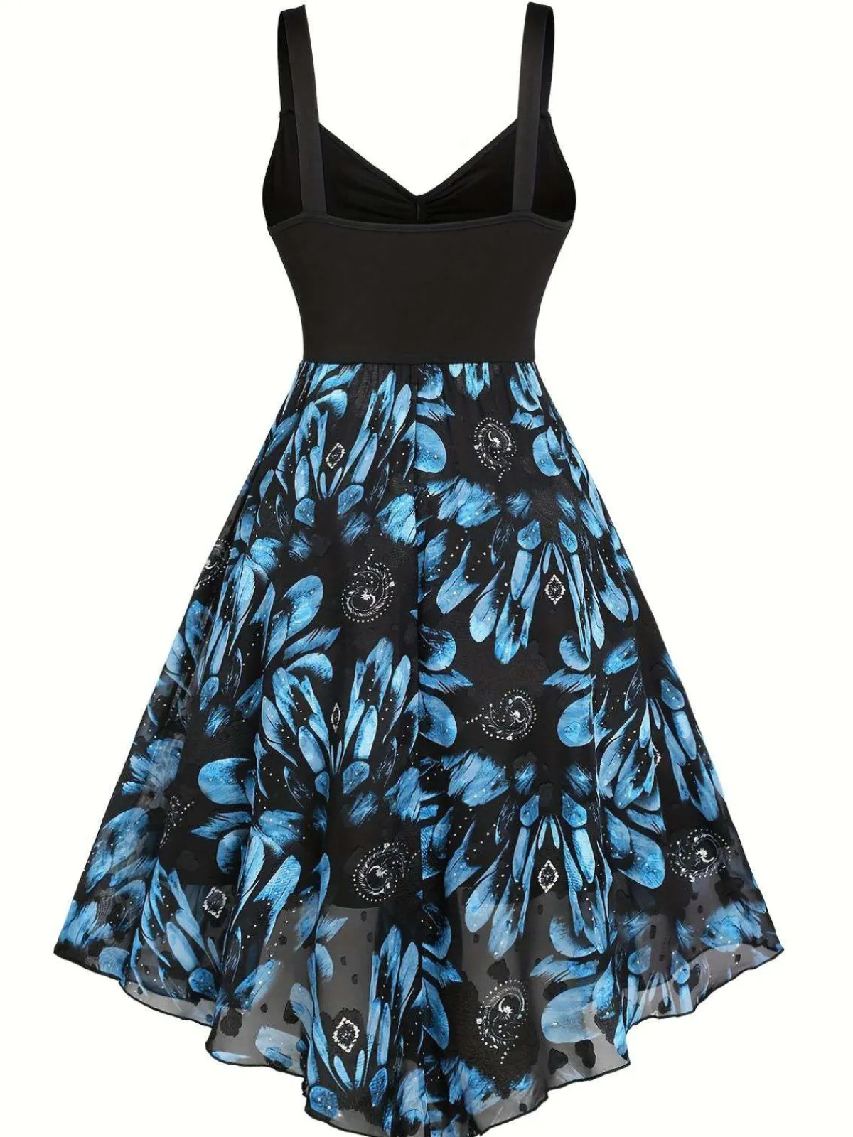 New Retro Stage [Plus Size] 1950s Feather Jacquard Asymmetric Dress Dark Blue