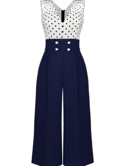 Best Retro Stage [Plus Size] 1930s Polka Dot Patchwork Jumpsuit Dark Blue