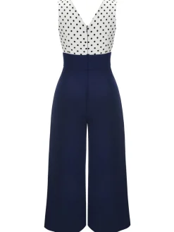 Best Retro Stage [Plus Size] 1930s Polka Dot Patchwork Jumpsuit Dark Blue