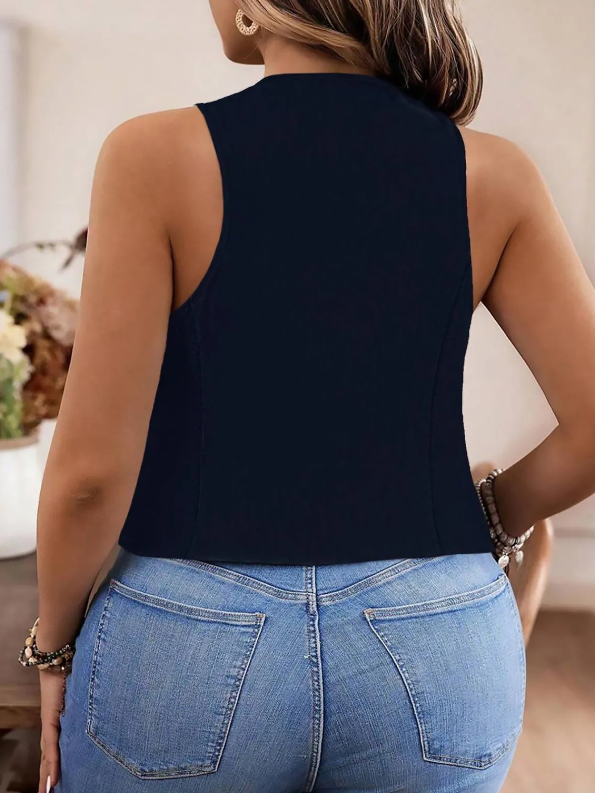 Best Retro Stage [Plus Size] 1950s V-Neck Sleeveless Vest Dark Blue