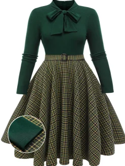 Hot Retro Stage [Plus Size] 1950s Plaid Knitting Dress Dark Green