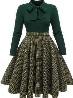 Hot Retro Stage [Plus Size] 1950s Plaid Knitting Dress Dark Green