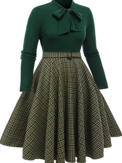 Hot Retro Stage [Plus Size] 1950s Plaid Knitting Dress Dark Green