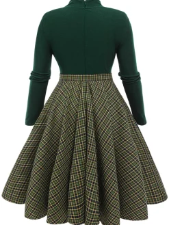 Hot Retro Stage [Plus Size] 1950s Plaid Knitting Dress Dark Green
