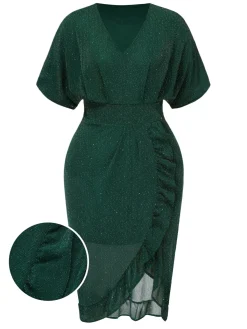 New Retro Stage [Plus Size] 1940s V-Neck Ruffles Solid Dress Dark Green