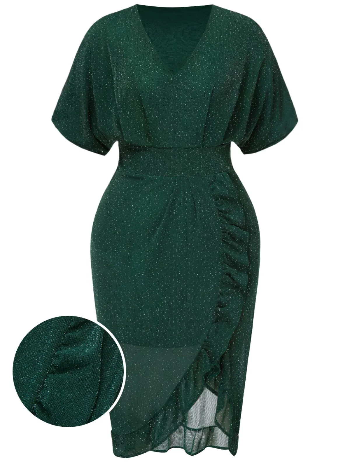 New Retro Stage [Plus Size] 1940s V-Neck Ruffles Solid Dress Dark Green