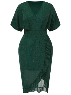 New Retro Stage [Plus Size] 1940s V-Neck Ruffles Solid Dress Dark Green