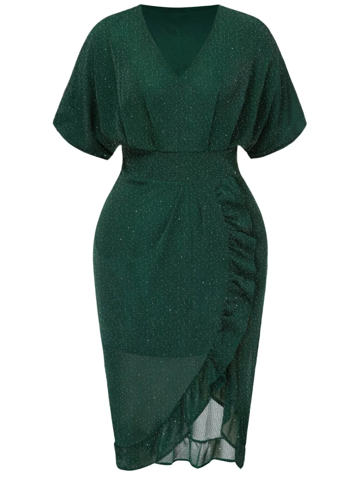 New Retro Stage [Plus Size] 1940s V-Neck Ruffles Solid Dress Dark Green