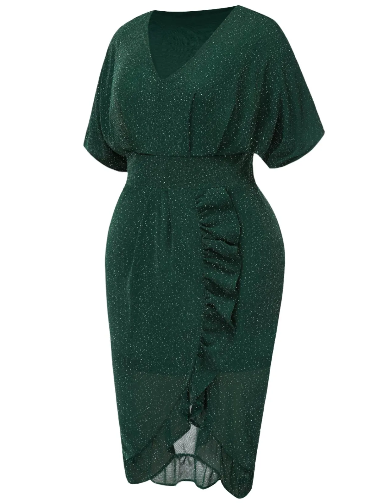 New Retro Stage [Plus Size] 1940s V-Neck Ruffles Solid Dress Dark Green