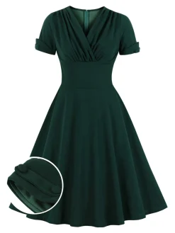 New Retro Stage [Plus Size] 1950s V-Neck Solid Swing Dress Dark Green