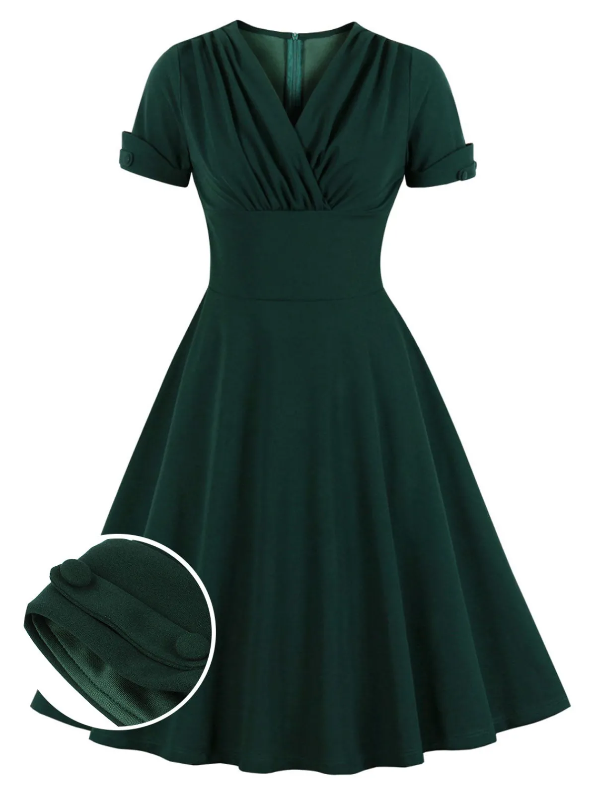 New Retro Stage [Plus Size] 1950s V-Neck Solid Swing Dress Dark Green
