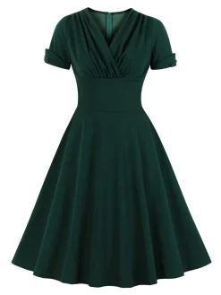 New Retro Stage [Plus Size] 1950s V-Neck Solid Swing Dress Dark Green
