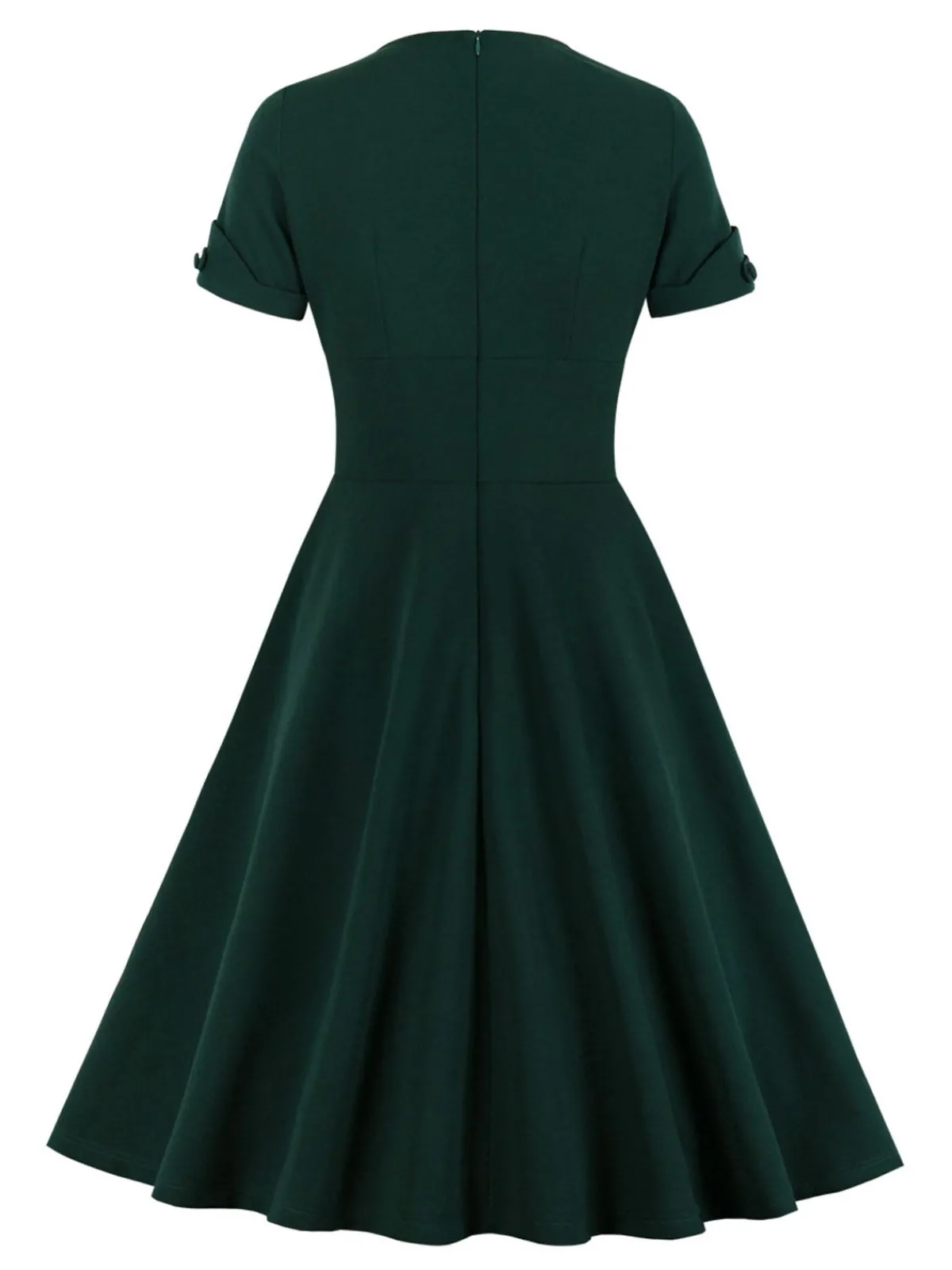 New Retro Stage [Plus Size] 1950s V-Neck Solid Swing Dress Dark Green