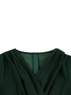 New Retro Stage [Plus Size] 1950s V-Neck Solid Swing Dress Dark Green
