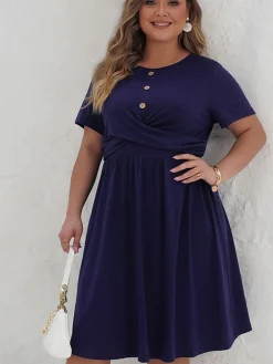 Hot Retro Stage [Plus Size] 1950s Solid Front Cross Dress Deep Blue