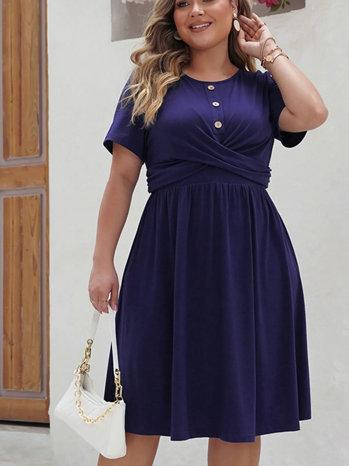 Hot Retro Stage [Plus Size] 1950s Solid Front Cross Dress Deep Blue