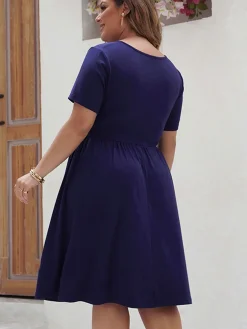 Hot Retro Stage [Plus Size] 1950s Solid Front Cross Dress Deep Blue