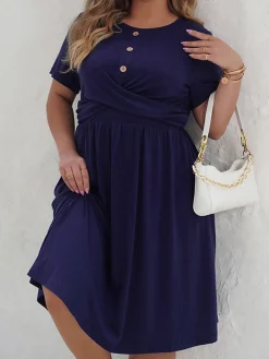 Hot Retro Stage [Plus Size] 1950s Solid Front Cross Dress Deep Blue
